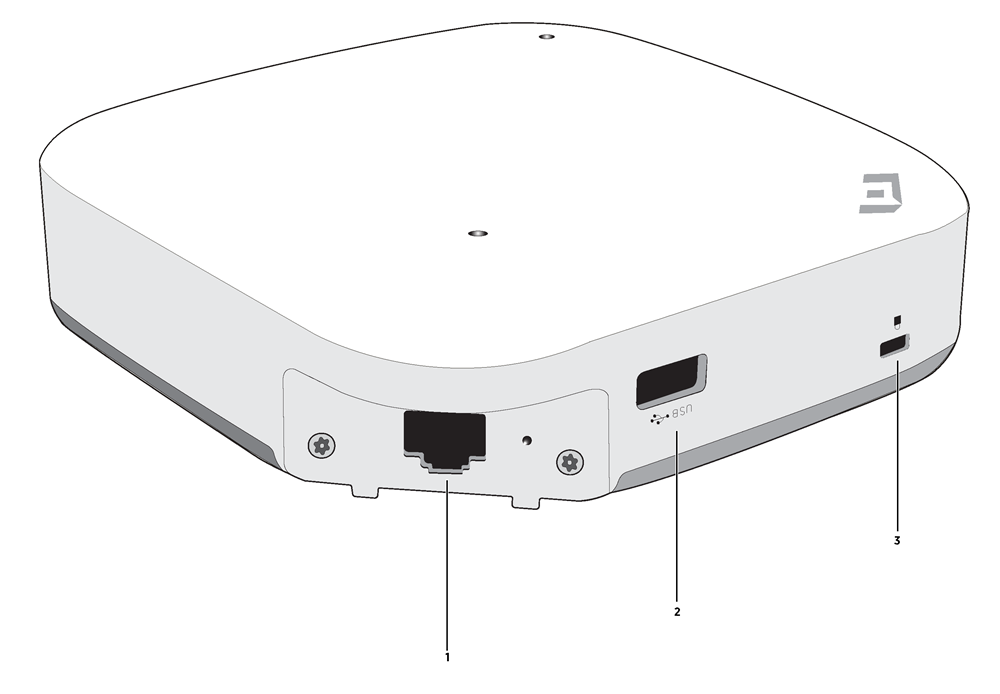 A square access point with numerical highlights indicating various hardware components described in Table: AP305C hardware component description. A square access point with numerical highlights indicating various hardware components described in Table: AP305C hardware component description.